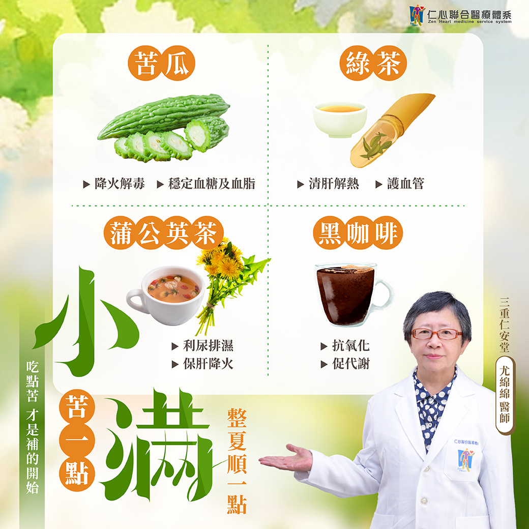 中醫師推薦小滿節氣養生，強調苦瓜、綠茶、蒲公英茶與黑咖啡四種微苦食材的健康功效，有助降火解毒、穩定血糖、清肝解熱、利尿排濕及抗氧化促代謝，提醒民眾「吃點苦」才能順利補益身體，整夏健康順暢。